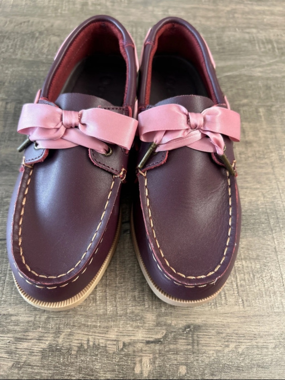 Sperry Girls Burgundy Boat Shoes with Pink Satin Bow NWOT